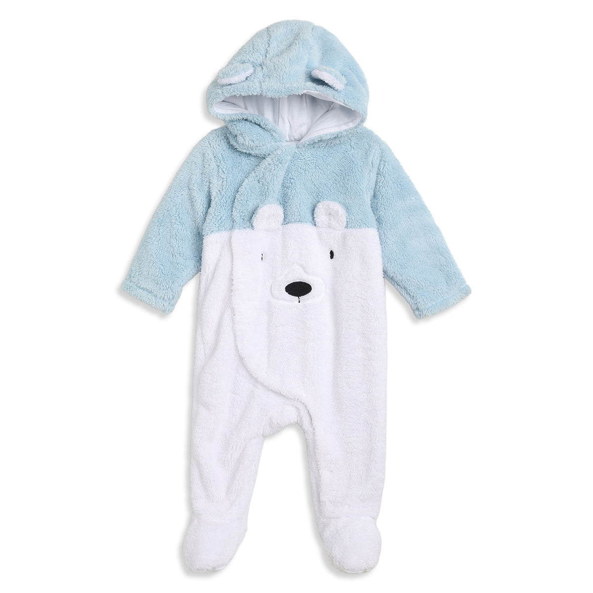 Baby Unisex Blue and White Sherpa Hooded Sleepsuit Regular Fit Winter Sleepsuit