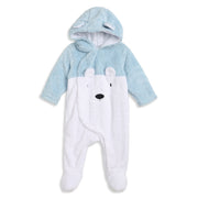 Baby Unisex Blue and White Sherpa Hooded Sleepsuit Regular Fit Winter Sleepsuit