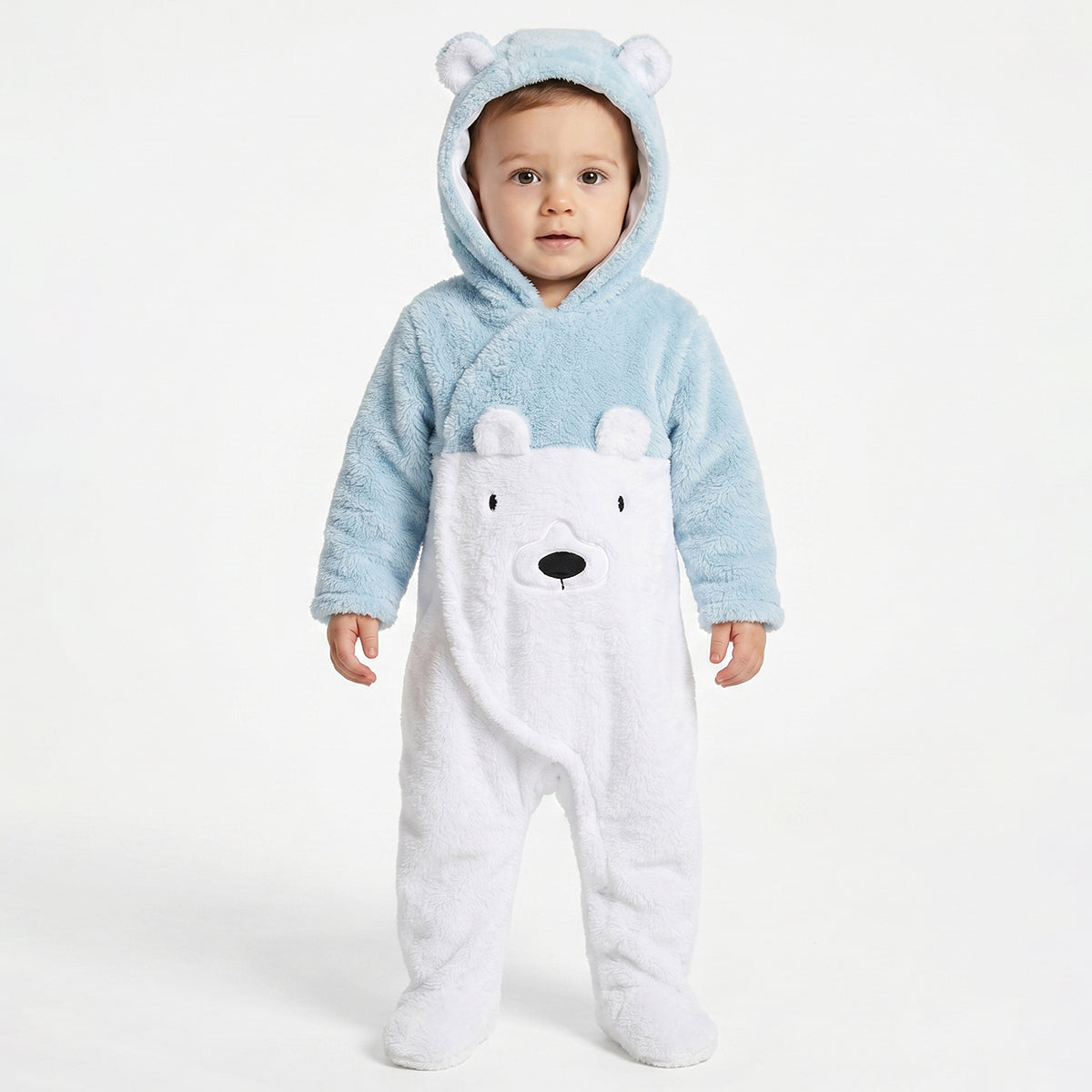 Baby Unisex Blue and White Sherpa Hooded Sleepsuit Regular Fit Winter Sleepsuit