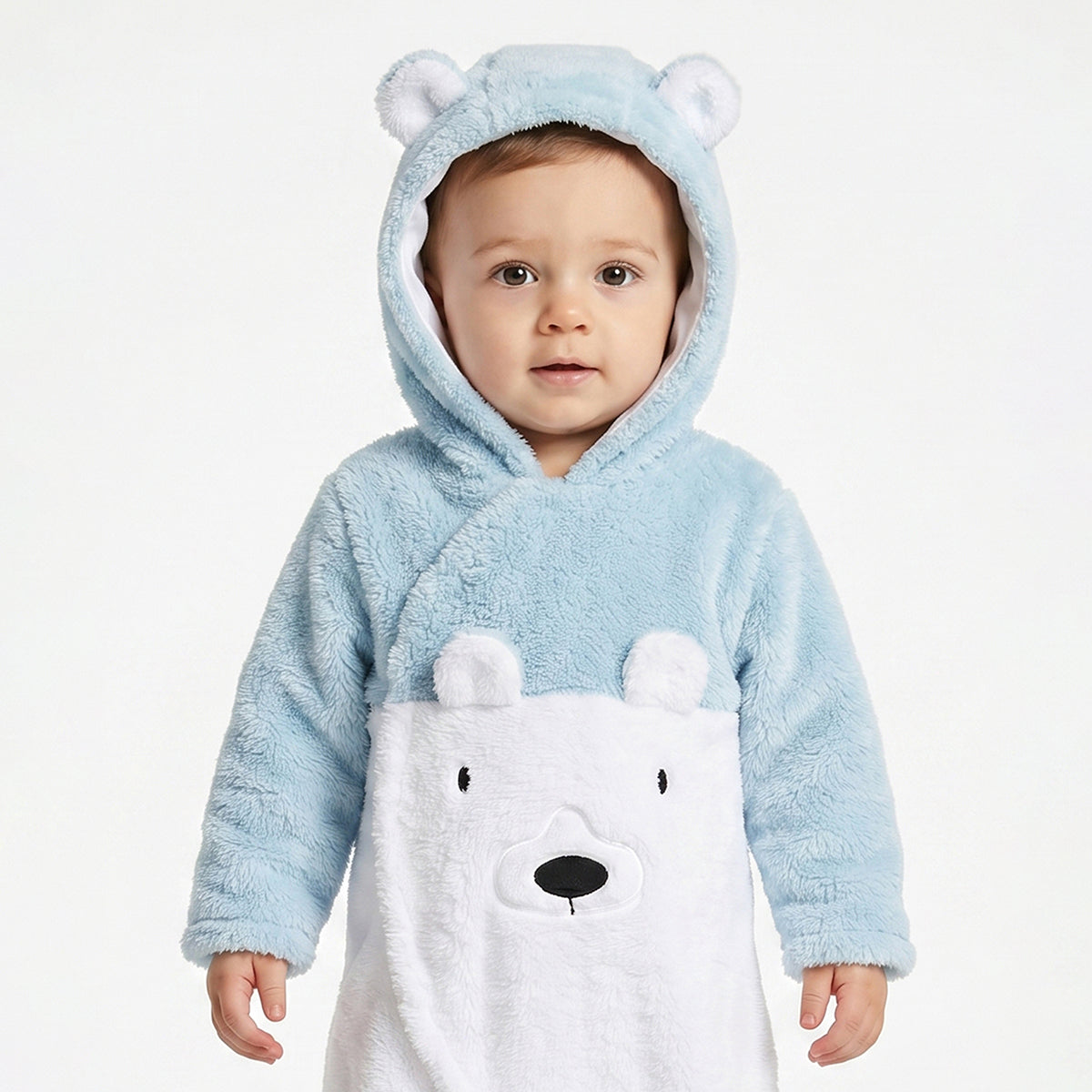 Baby Unisex Blue and White Sherpa Hooded Sleepsuit Regular Fit Winter Sleepsuit