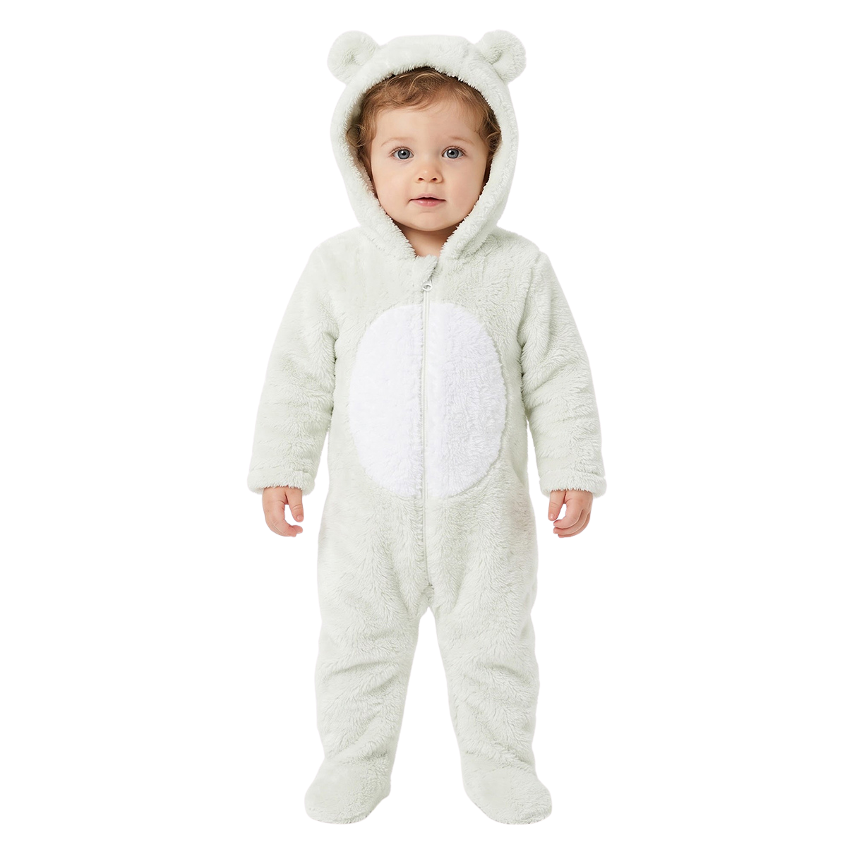 Baby Unisex Mint Green Polyester Plush Hooded Sleepsuit Winter Wear