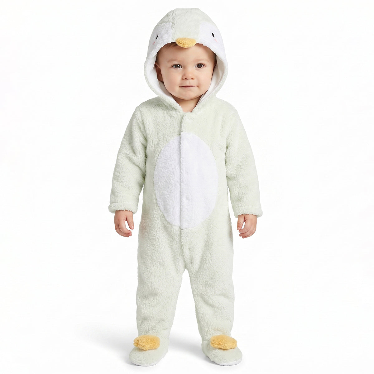 Baby Unisex Cream Polyester Hooded Penguin Sleepsuit Regular Fit Winter Sleepsuit