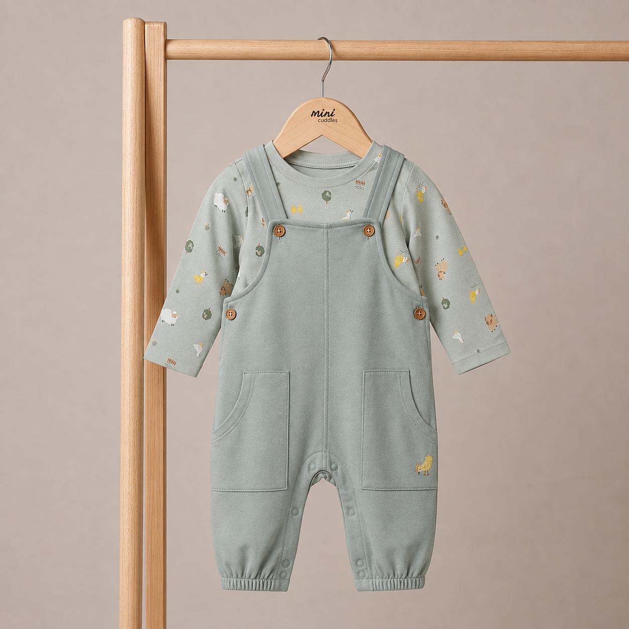 Baby Unisex Sage Green Cotton Farm Printed T-Shirt And Dungaree Set Regular Fit Casual Wear