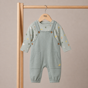 Baby Unisex Sage Green Cotton Farm Printed T-Shirt And Dungaree Set Regular Fit Casual Wear