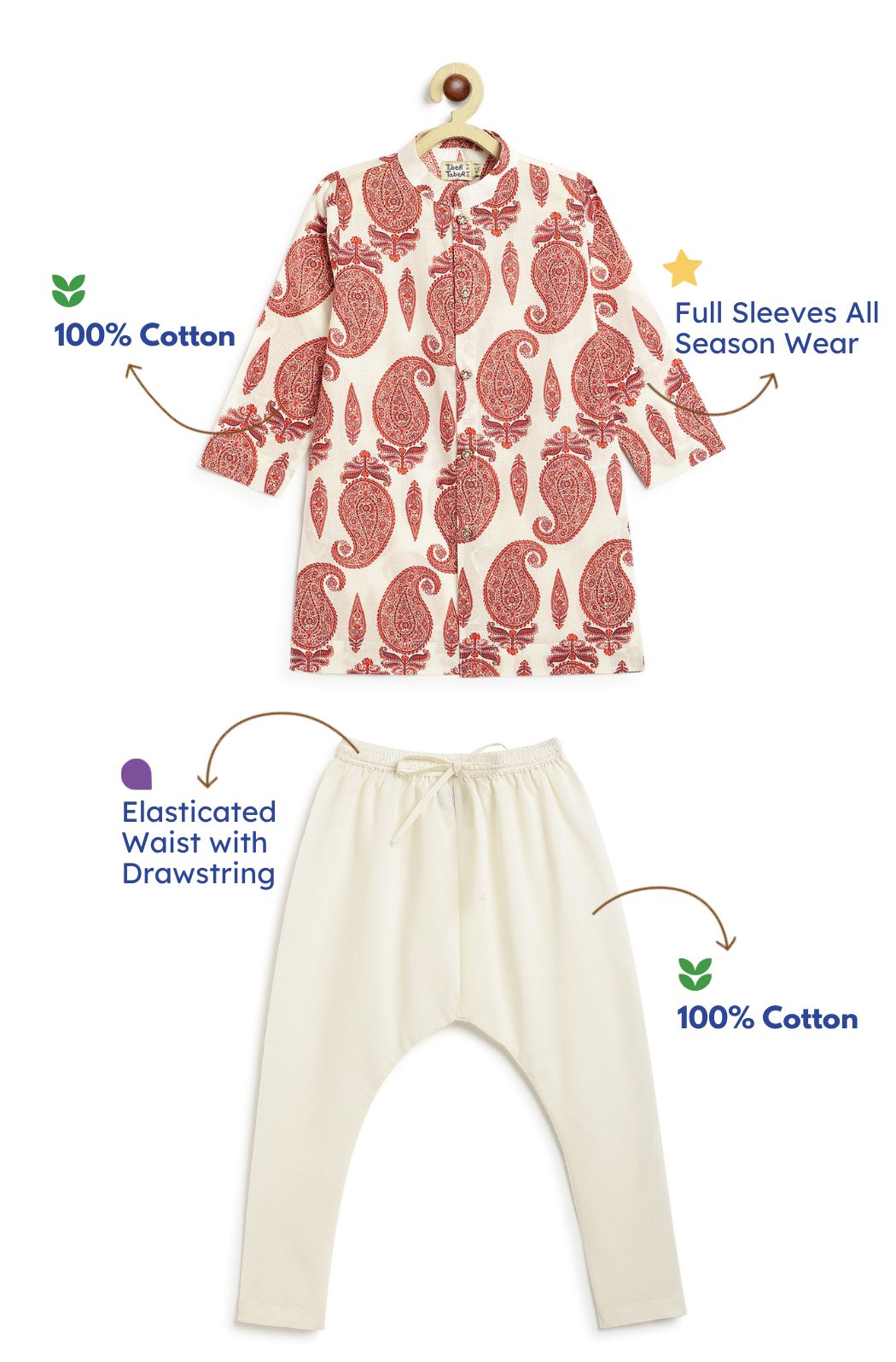 Tiber Taber Boys Print Kurta and Pyjama Set, Red and Cream