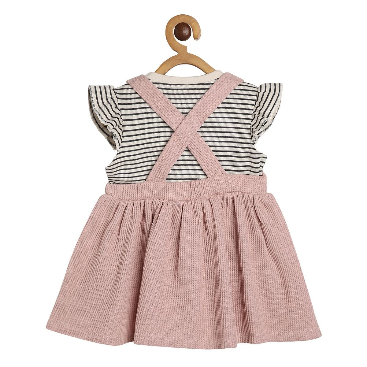 Girls Marshmallow/ Black/ Pink Round Neck Half Sleeve Pinny Set