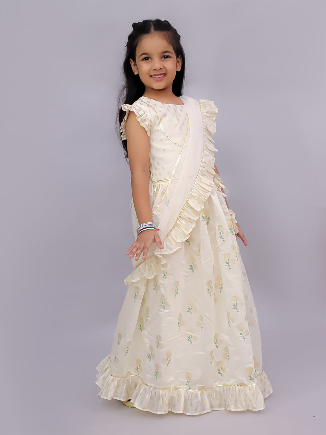 Lil Drama Girls Floral Print Crop Top With Flared Skirt And Dupatta Set, Off White