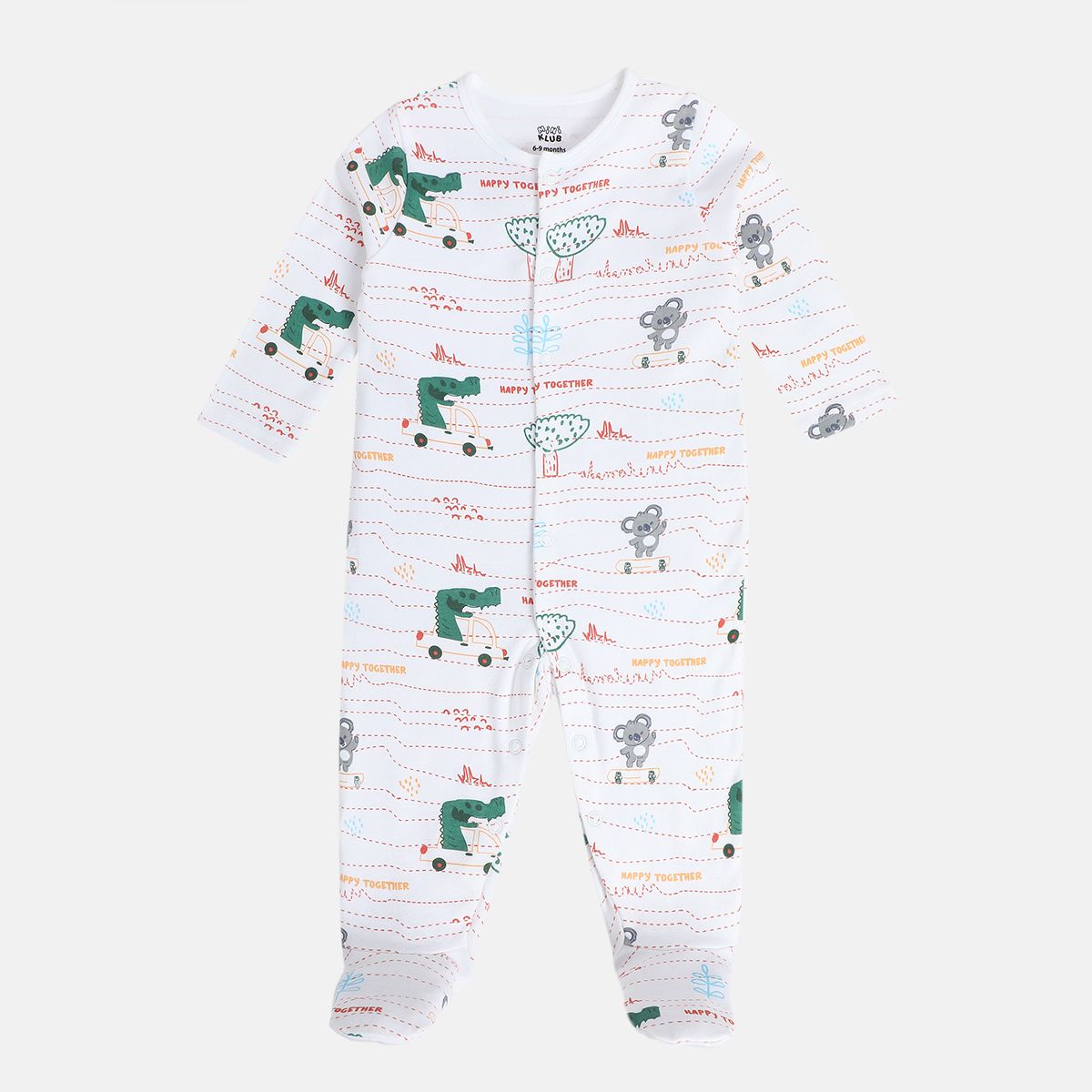 Boys White/Brown Round Neck Full Length / Long Sleeve Sleep Suit