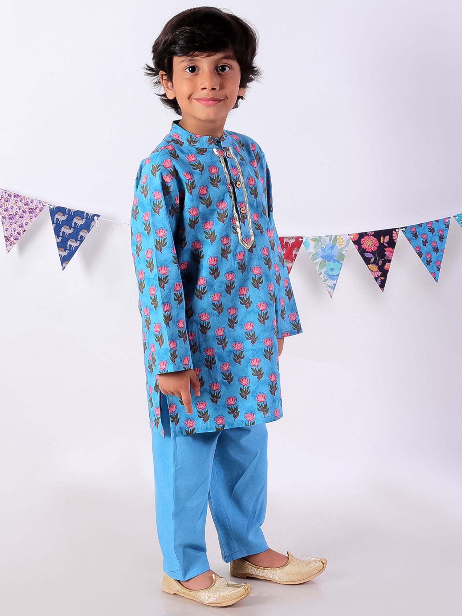 Lil Drama Boys Floral Print Kurta With Pajama Set, Blue