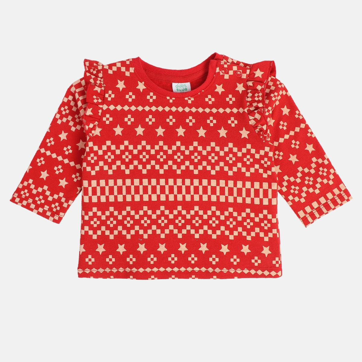 Girls Cotton Full Sleeves Geometric Printed Top & Bottom - Red