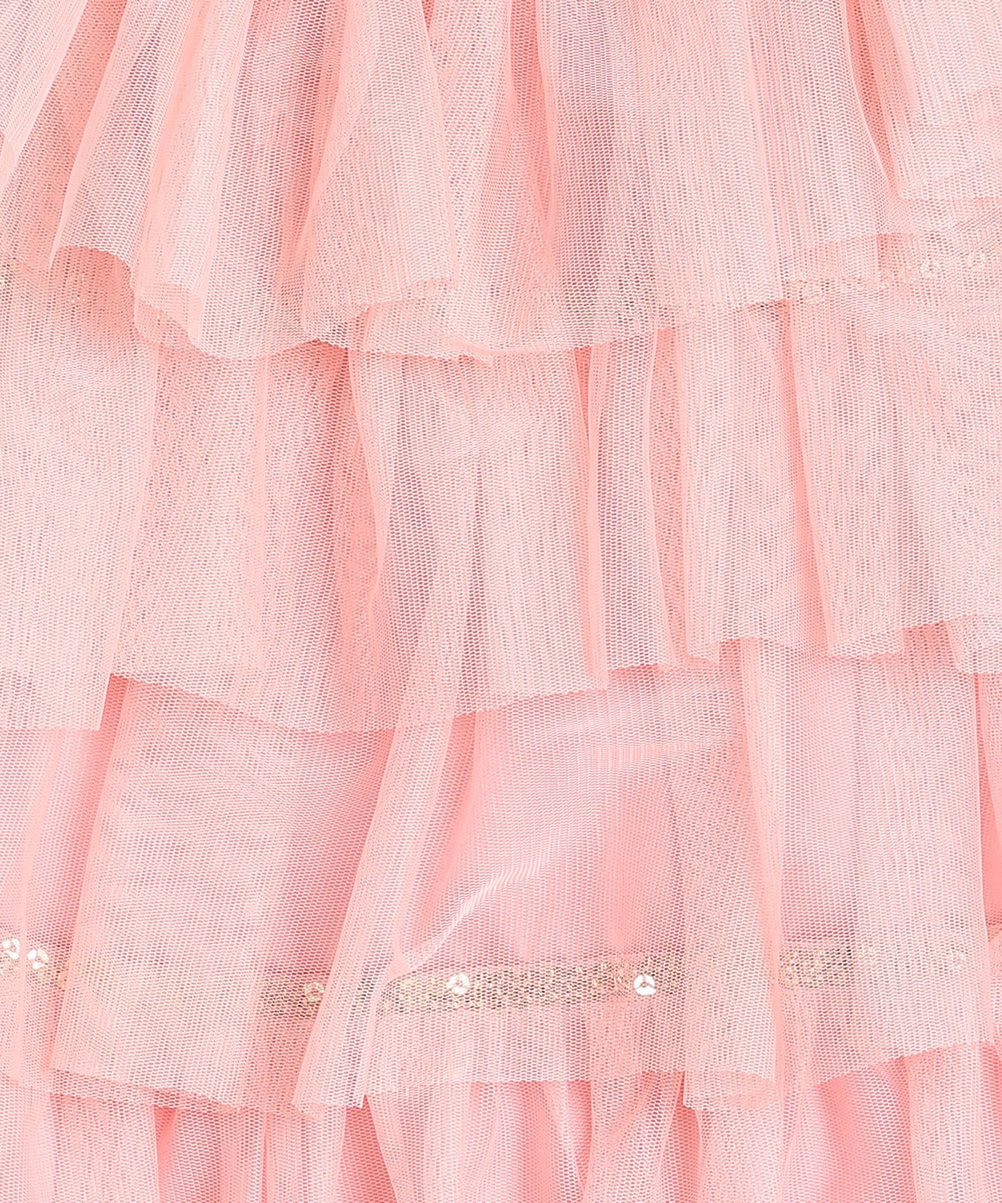 Girls Layered Tulle Party Dress with Ruffled Neckline, Blush Pink