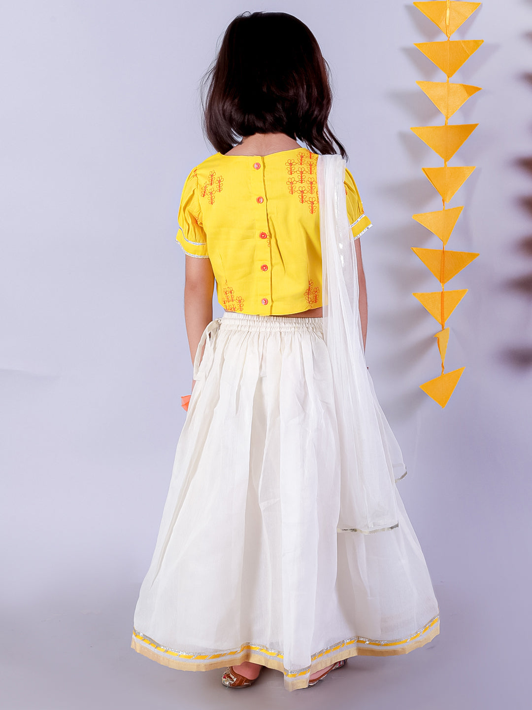 Lil Drama Girls Embroidered Crop Top With Flared Skirt Set, Yellow And White