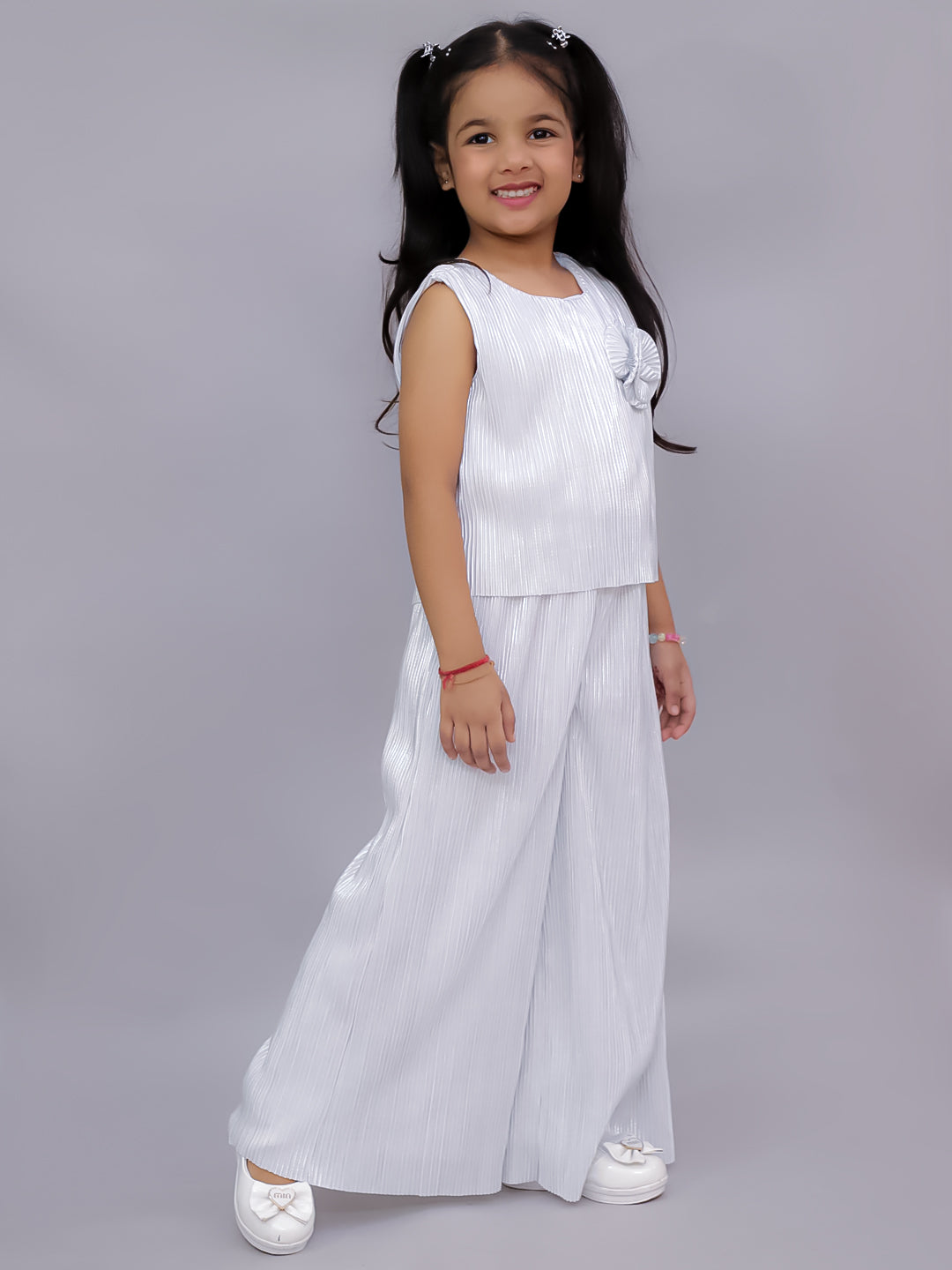 Lil Drama Girls Pleated Sleeveless Top With Palazzo Pants Co-Ord Set, White