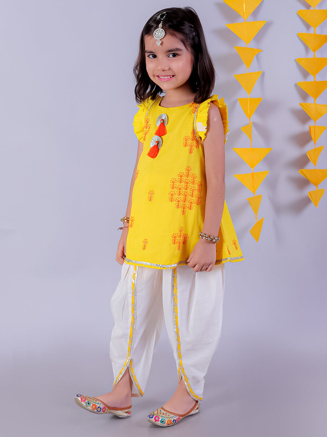 Lil Drama Girls Embroidered Sleeveless Kurta With Dhoti Pants Set, Yellow And White