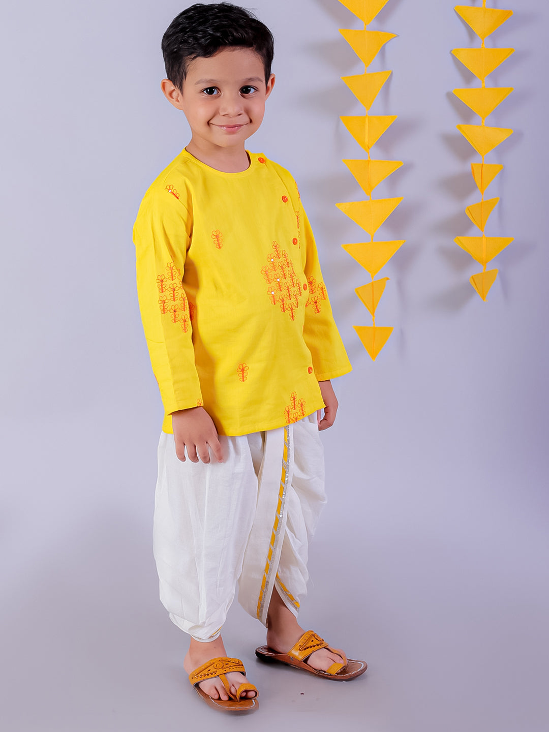 Lil Drama Boys Embroidered Kurta With Dhoti Pants Set, Yellow And White