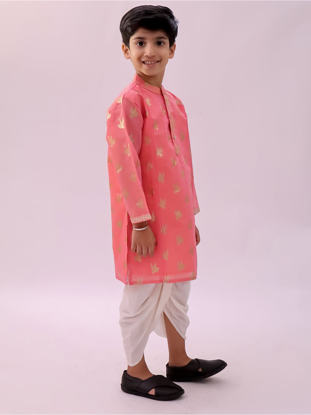 Lil Drama Boys Foil Print Kurta With Dhoti Pants Set, Pink And White