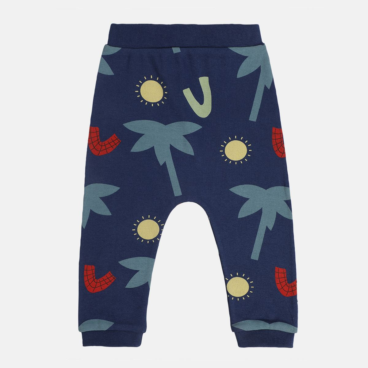 Boys Cotton Pack Of 2 Solid & Trees Printed Knit Bottom - Navy Blue & Light Green