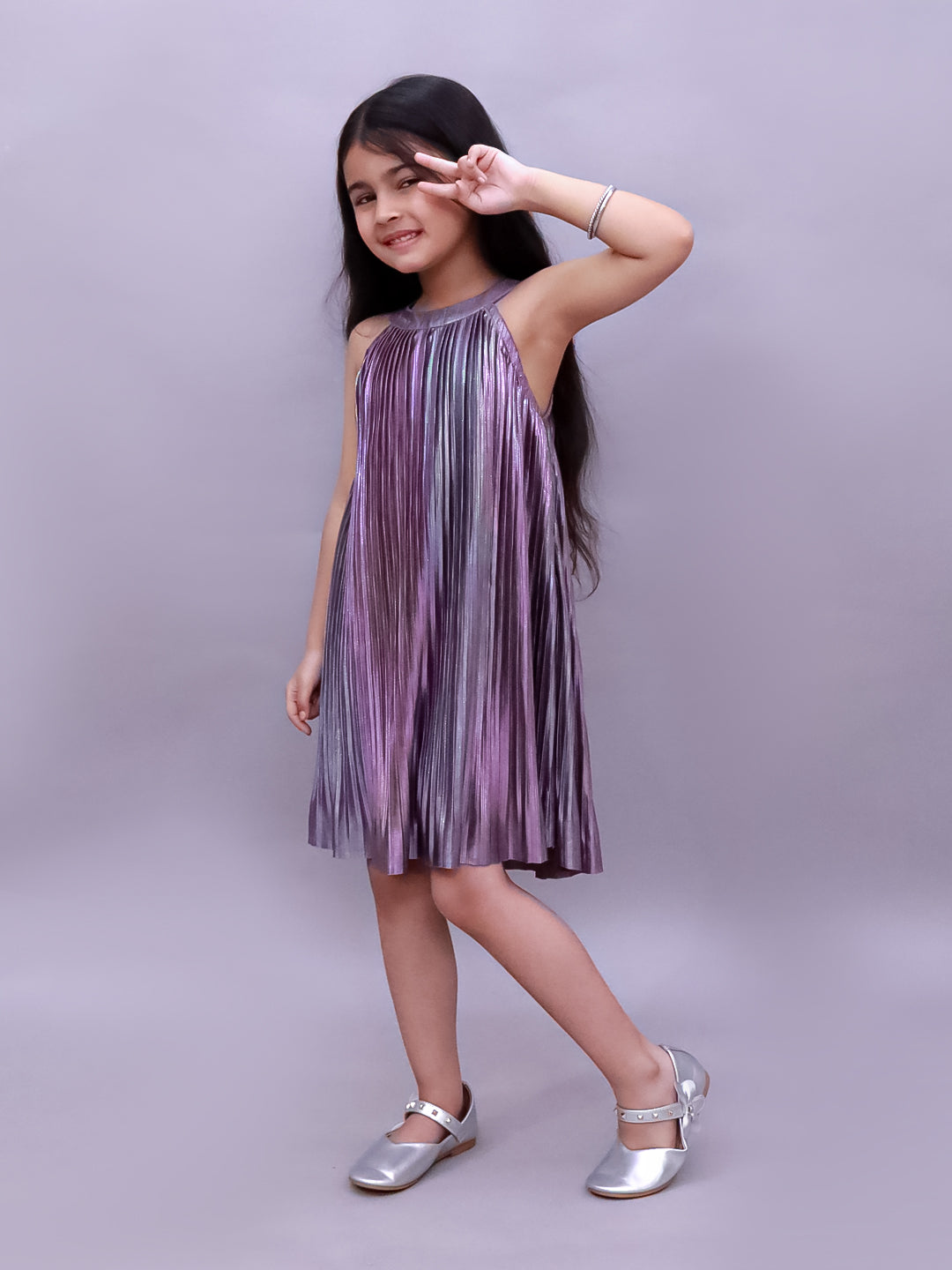 Lil Drama Girls Metallic Pleated Sleeveless Dress, Purple