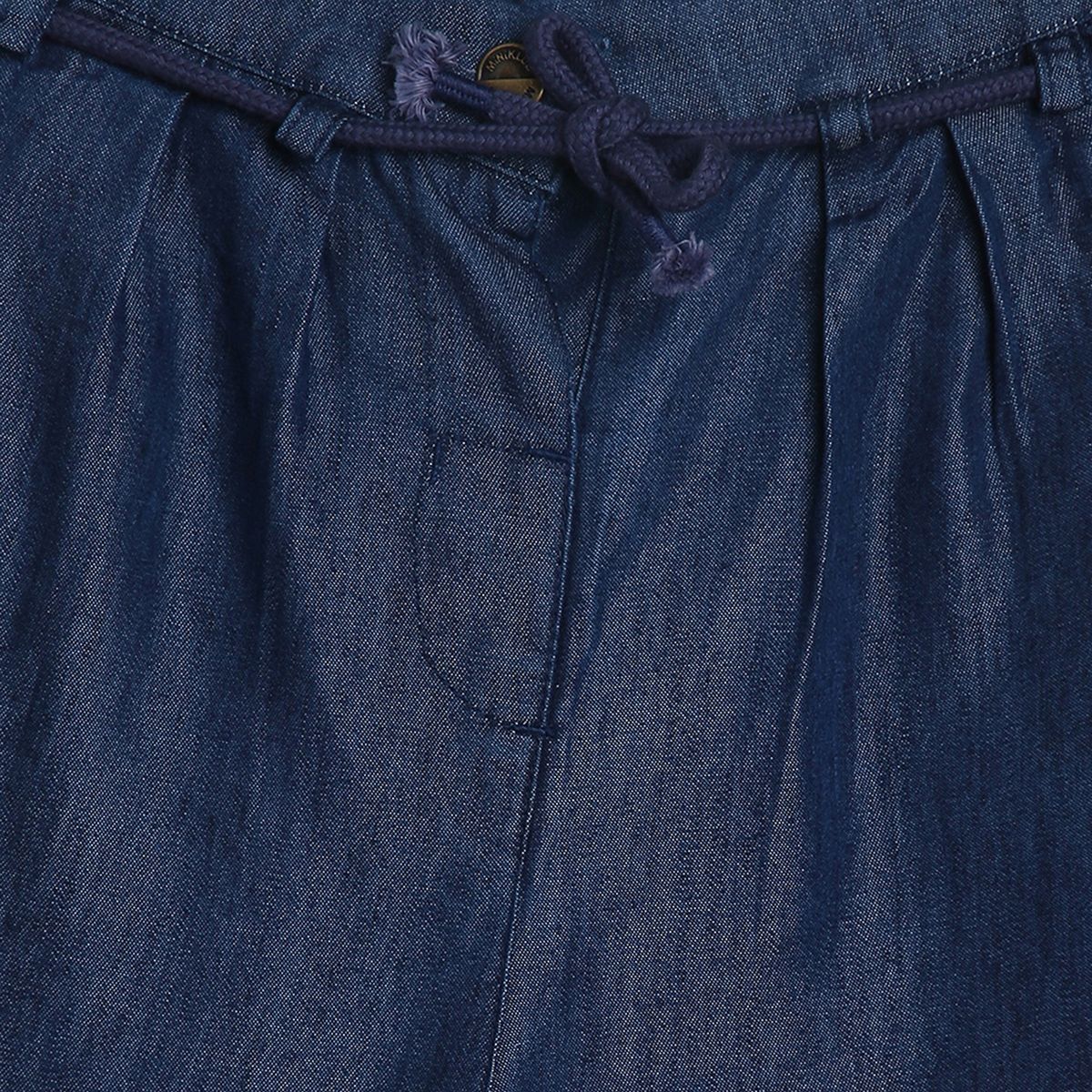 Girls Solid Denim Pants with Drawstring Waist, Dark Blue