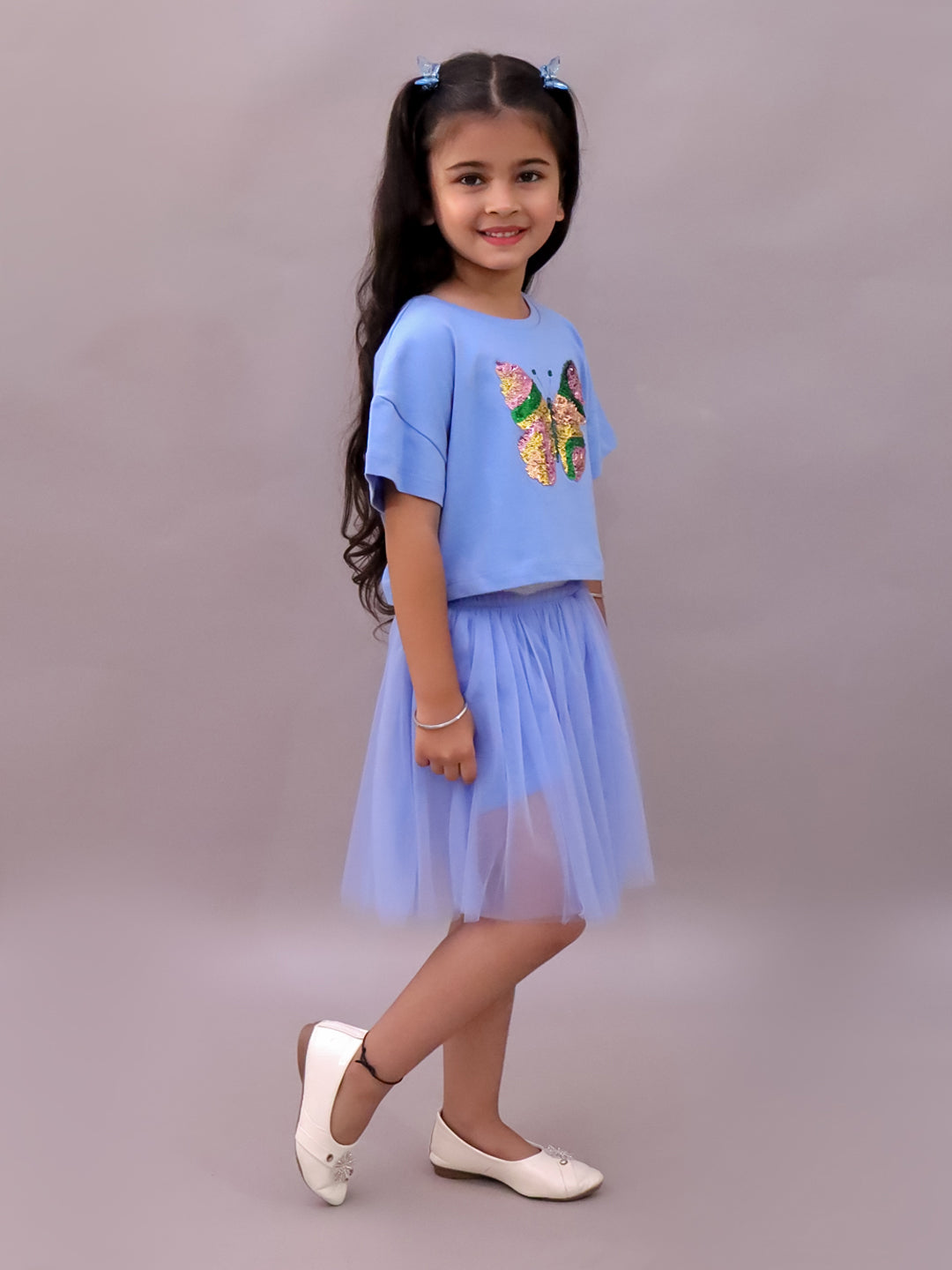 Lil Drama Girls Butterfly Applique Top With Mesh Skirt Co-Ord Set, Blue
