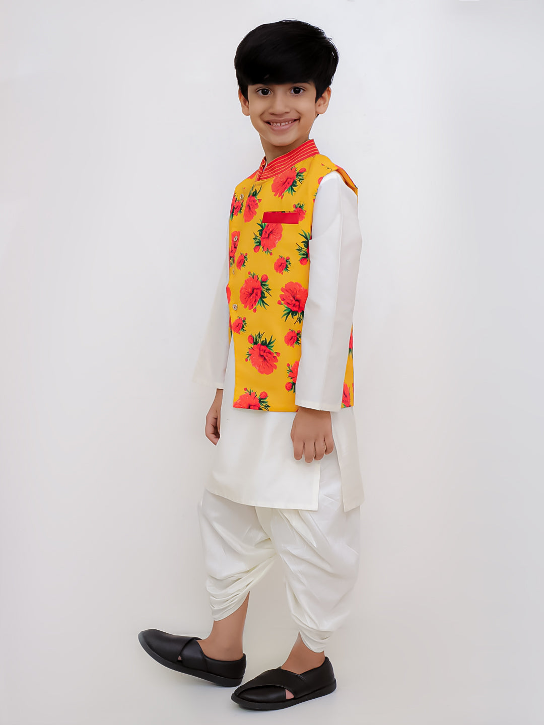 Lil Drama Boys Floral Print Jacket Kurta With Dhoti Pants Set, Yellow And White