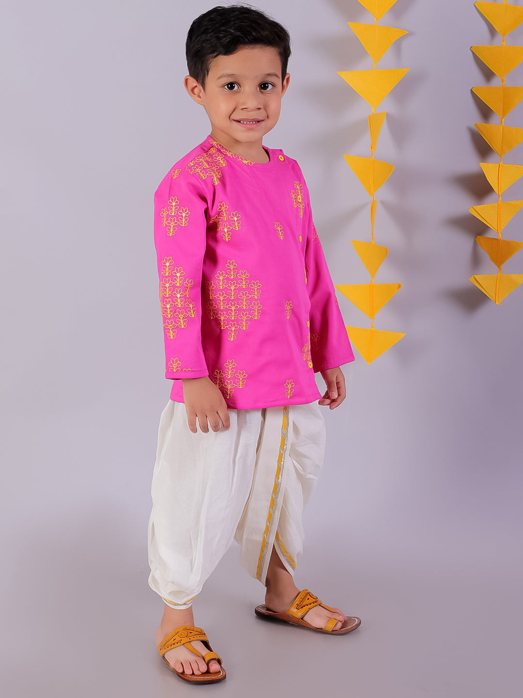 Lil Drama Boys Embroidered Kurta With Dhoti Pants Set, Pink And White