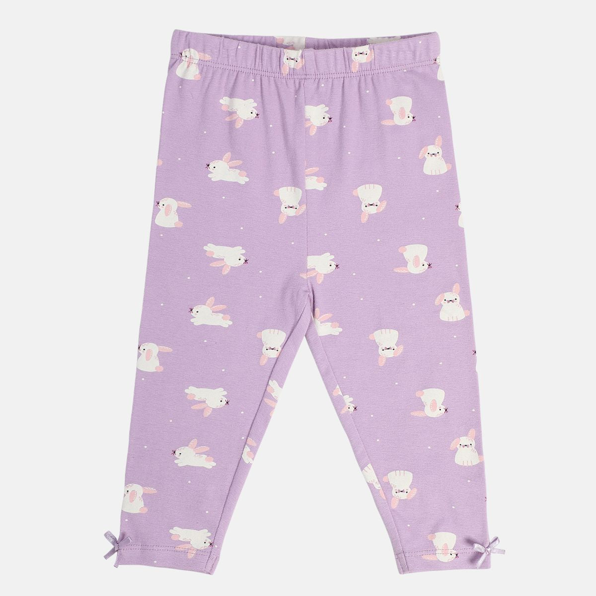 Girls Cotton Pack Of 2 Striped & Rabbit printed Leggings - lavender & White