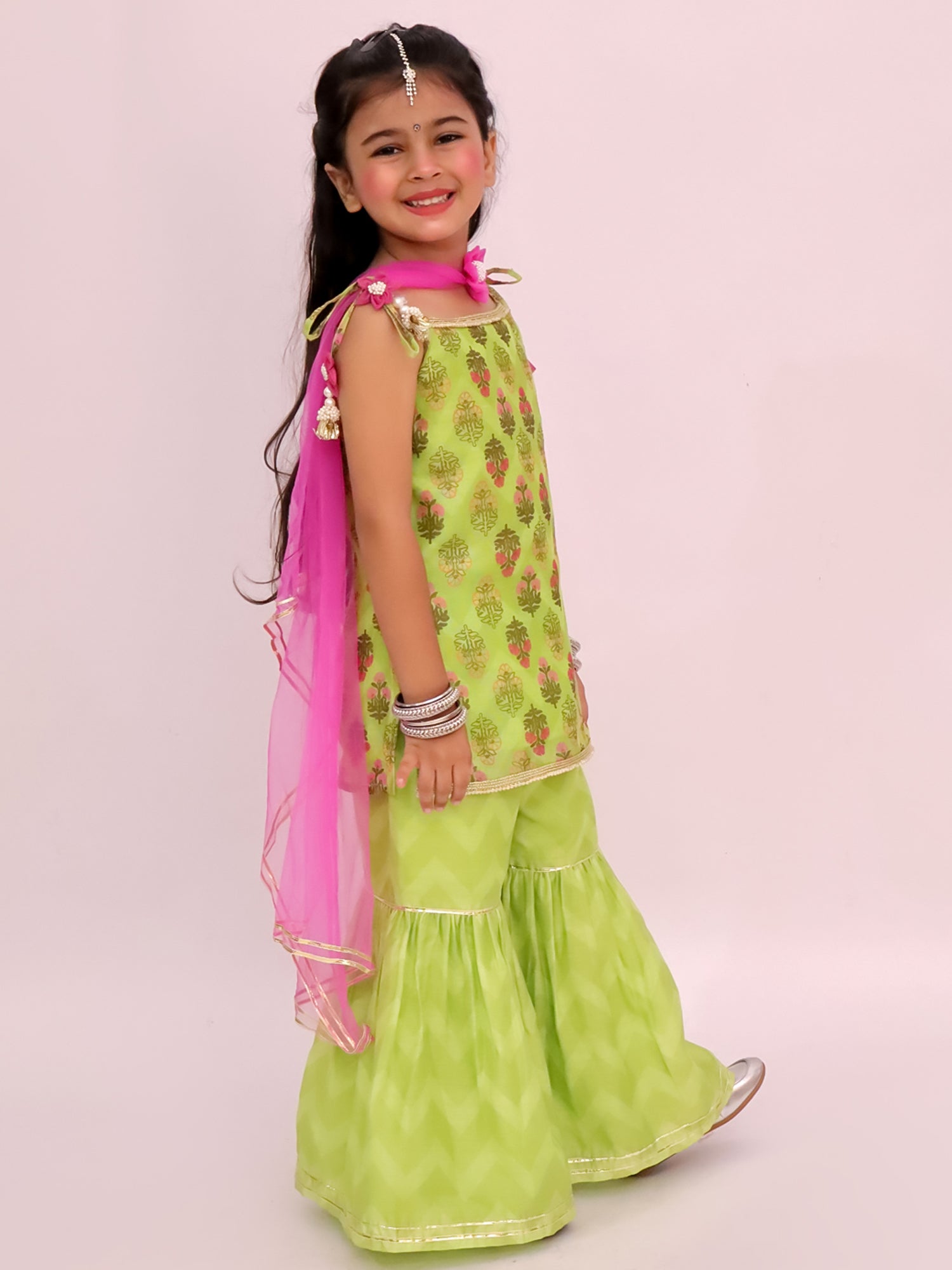 Lil Drama Girls Printed Kurta With Sharara Pants And Dupatta Set, Green And Pink