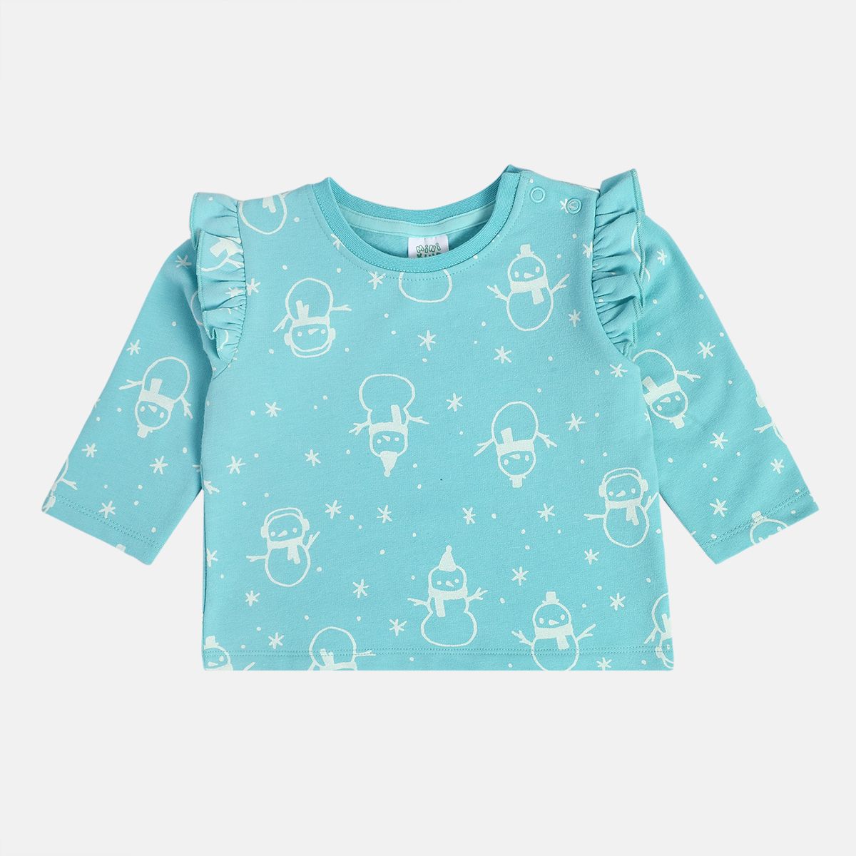 Girls Cotton Ful Sleeves Snowman Printed Top & Bottom - Blue