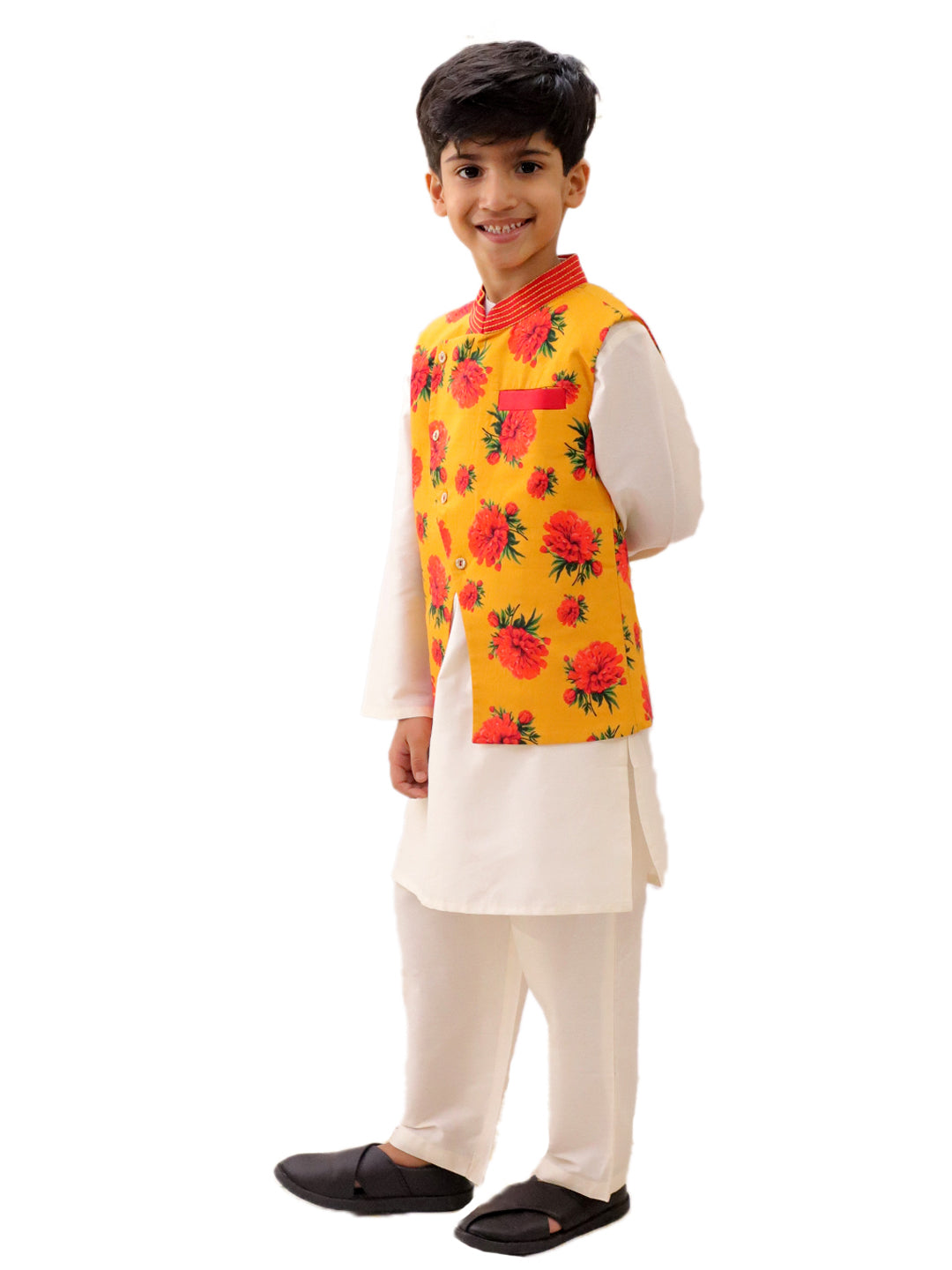 Lil Drama Boys Floral Print Jacket Kurta With Pants Set, Yellow And White