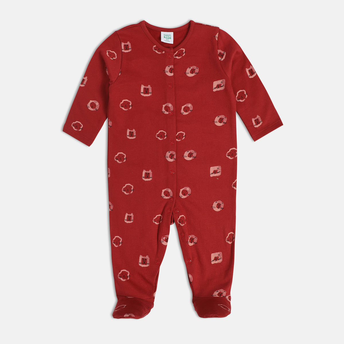 Girls Cotton Pack Of 2 Full Sleeves Animal Printed & Striped Sleepsuit - Maroon & White