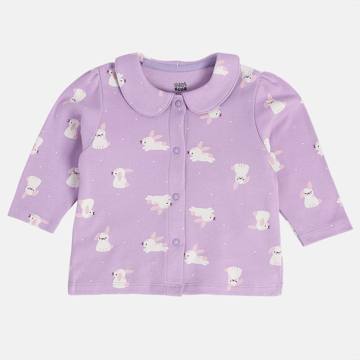 Girls Cotton Pack Of 2 Full Sleeves Rabbit Printed & Striped Front Open Vest - Lavender & White