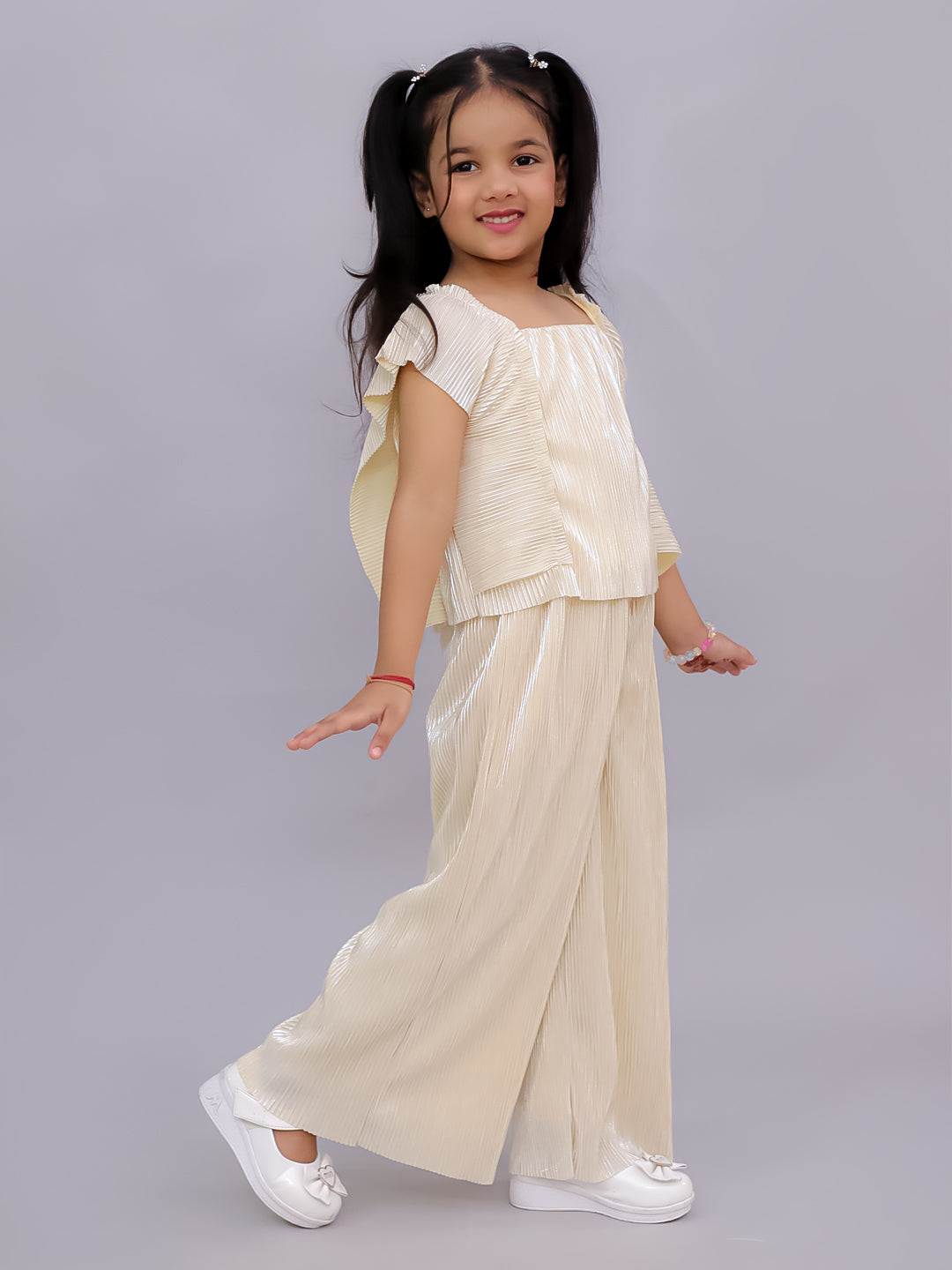 Lil Drama Girls Shimmer Pleated Top With Palazzo Pants Co-Ord Set, Cream