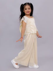Lil Drama Girls Shimmer Pleated Top With Palazzo Pants Co-Ord Set, Cream