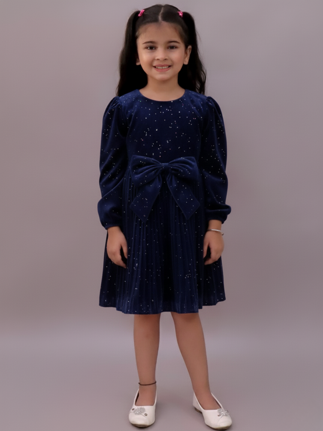 Lil Drama Girls Shimmer Pleated Full Sleeve Dress, Navy Blue