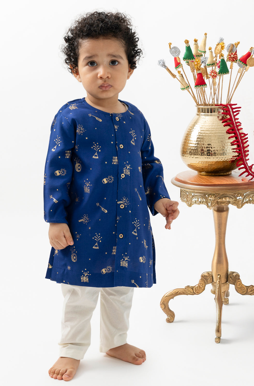 Tiber Taber Baby Boys Blue and Cream Cotton Foil Printed Kurta and Pant Set Regular Fit Festive Wear