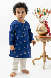 Tiber Taber Baby Boys Blue and Cream Cotton Foil Printed Kurta and Pant Set Regular Fit Festive Wear