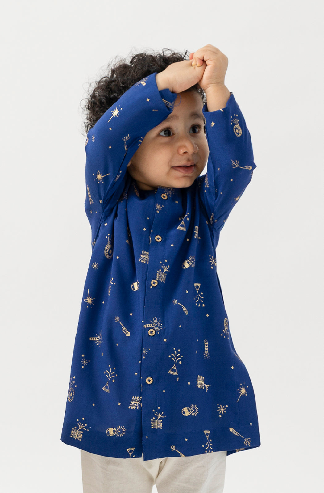 Tiber Taber Baby Boys Blue and Cream Cotton Foil Printed Kurta and Pant Set Regular Fit Festive Wear