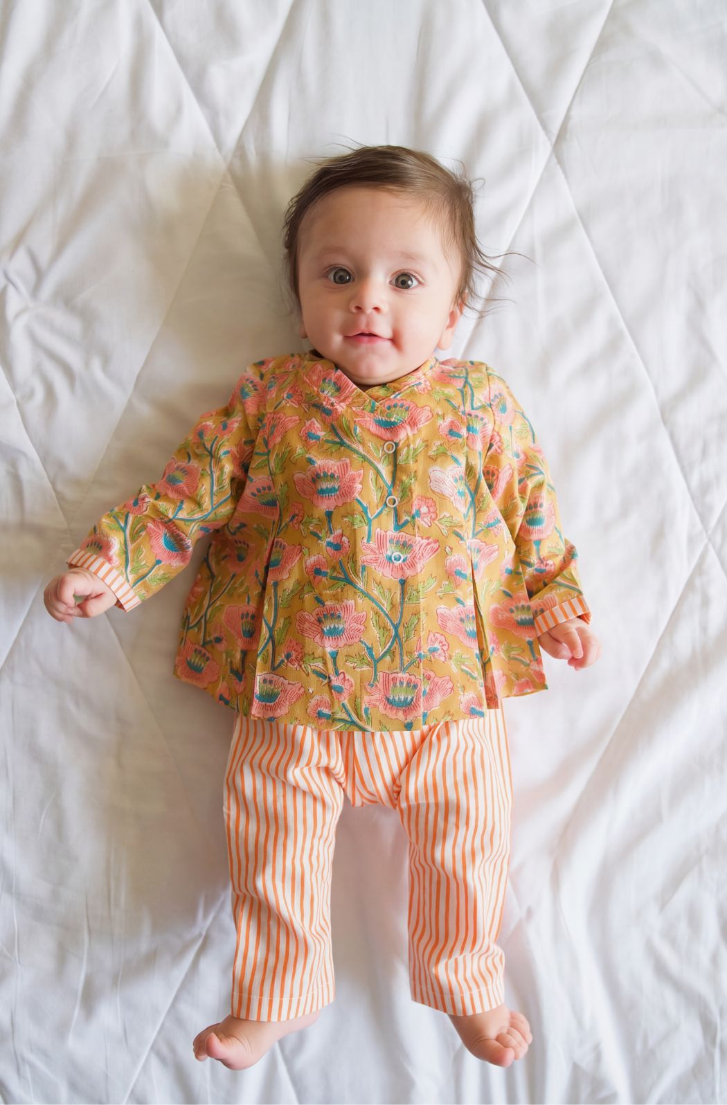 Tiber Taber Baby Girls Peach Cotton Hand Block Floral Printed Top and Pants 3-Piece Set Regular Fit Casual Wear