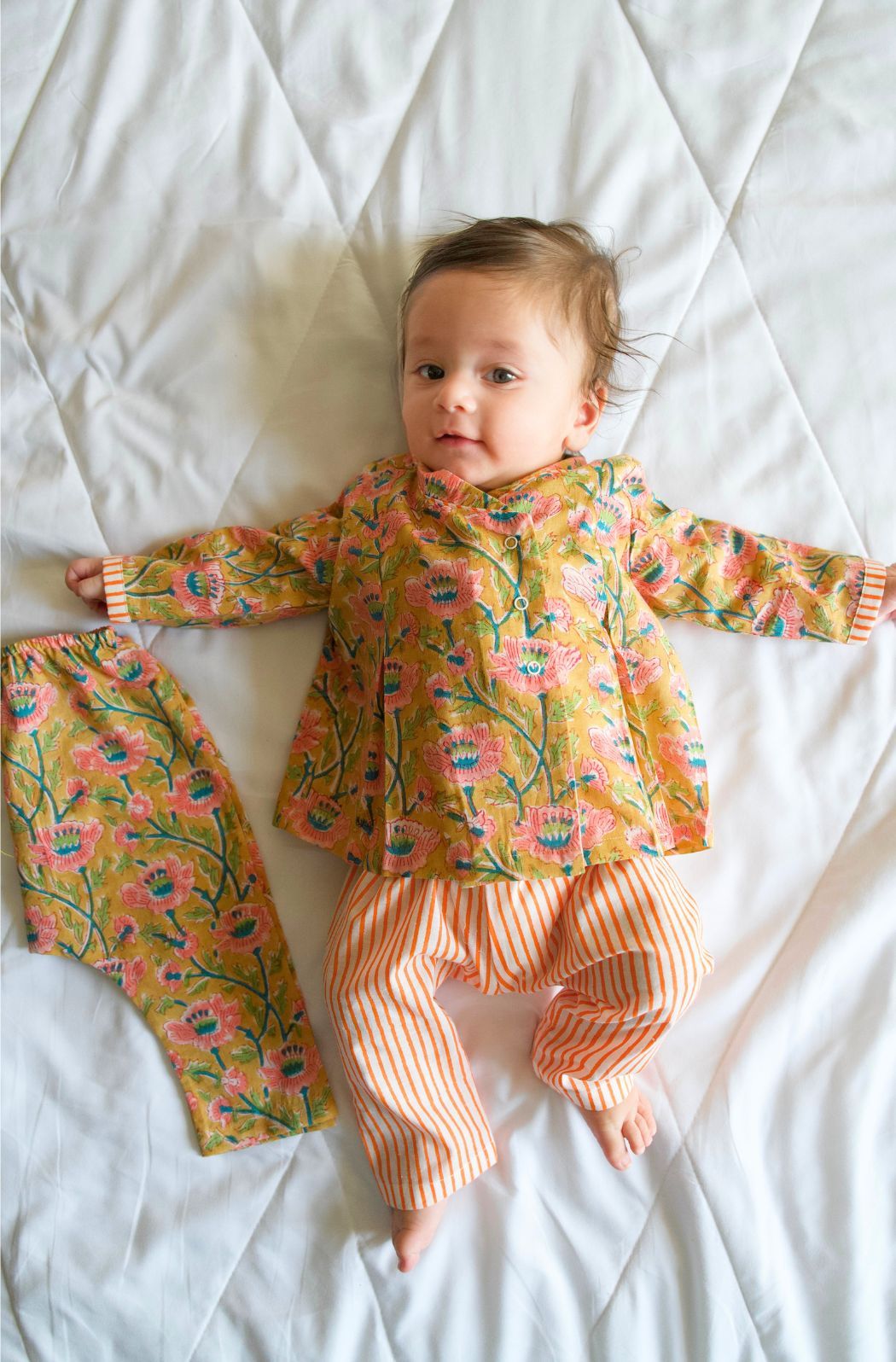 Tiber Taber Baby Girls Peach Cotton Hand Block Floral Printed Top and Pants 3-Piece Set Regular Fit Casual Wear