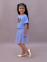 Lil Drama Girls Butterfly Applique Top With Mesh Skirt Co-Ord Set, Blue