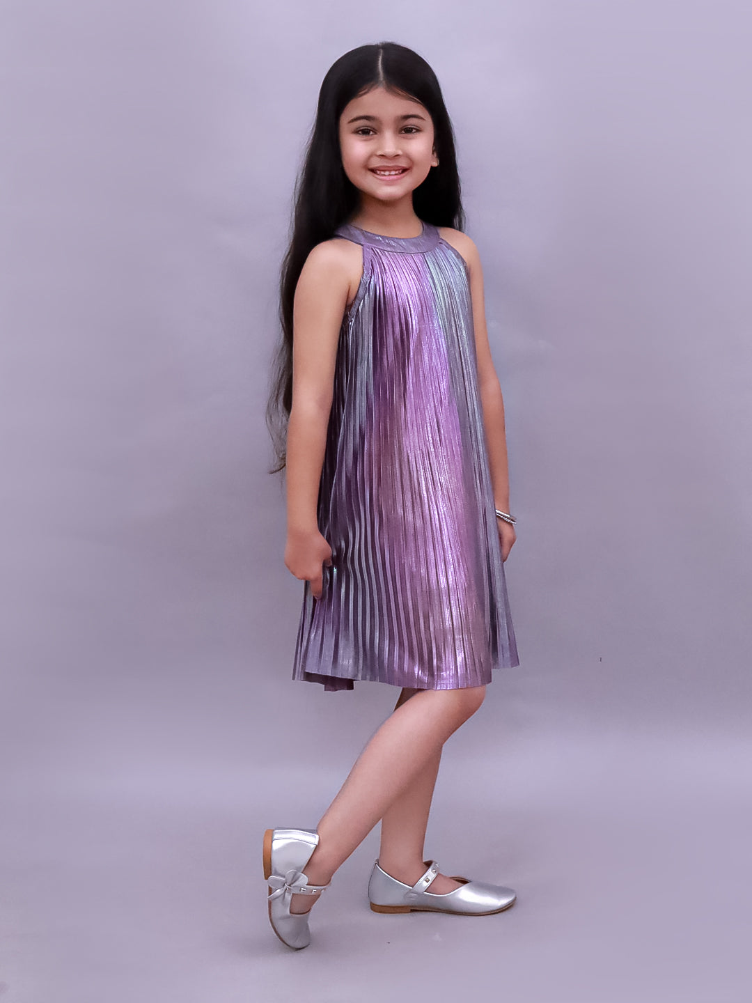 Lil Drama Girls Metallic Pleated Sleeveless Dress, Purple