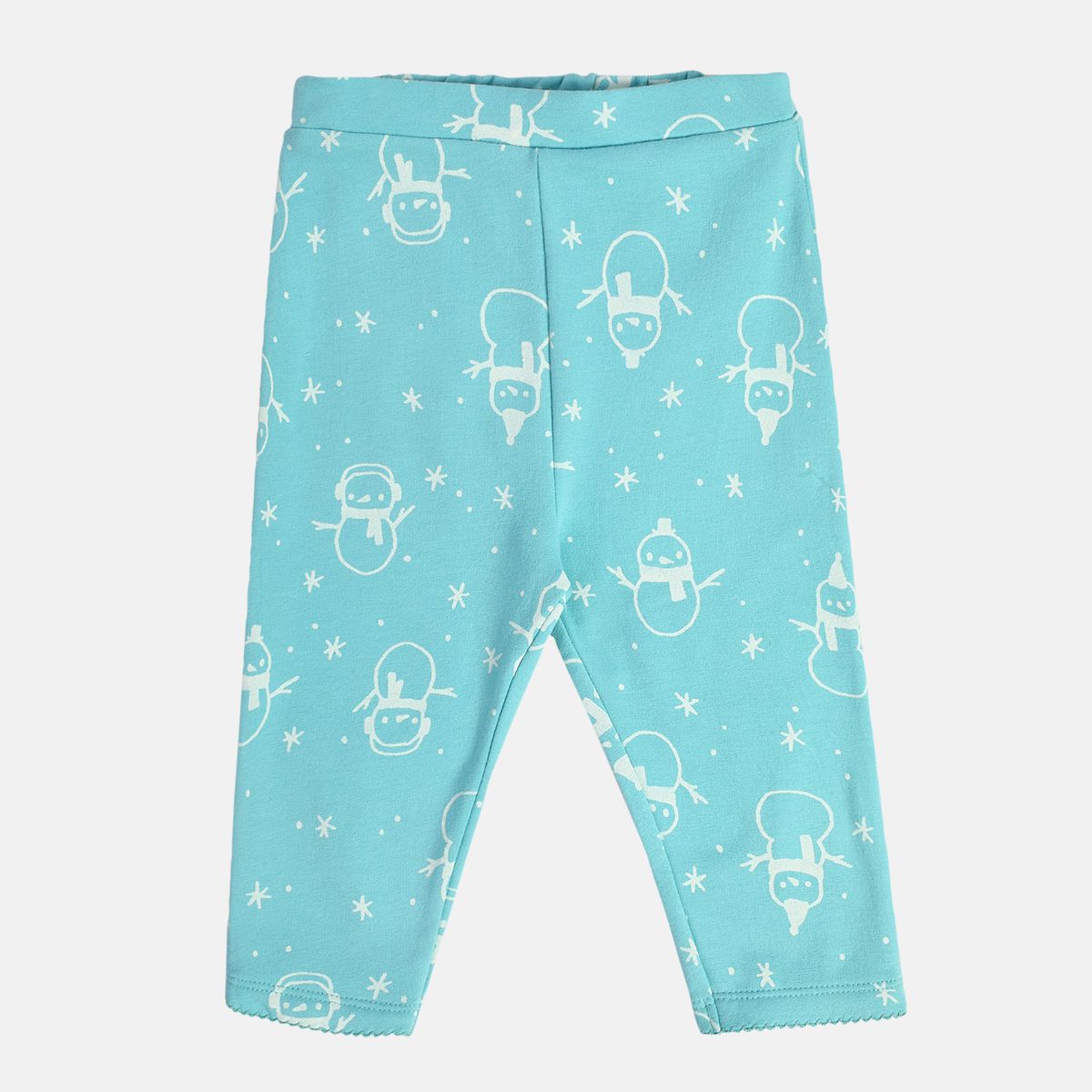 Girls Cotton Ful Sleeves Snowman Printed Top & Bottom - Blue