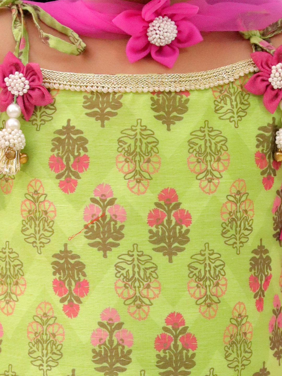 Lil Drama Girls Printed Kurta With Sharara Pants And Dupatta Set, Green And Pink