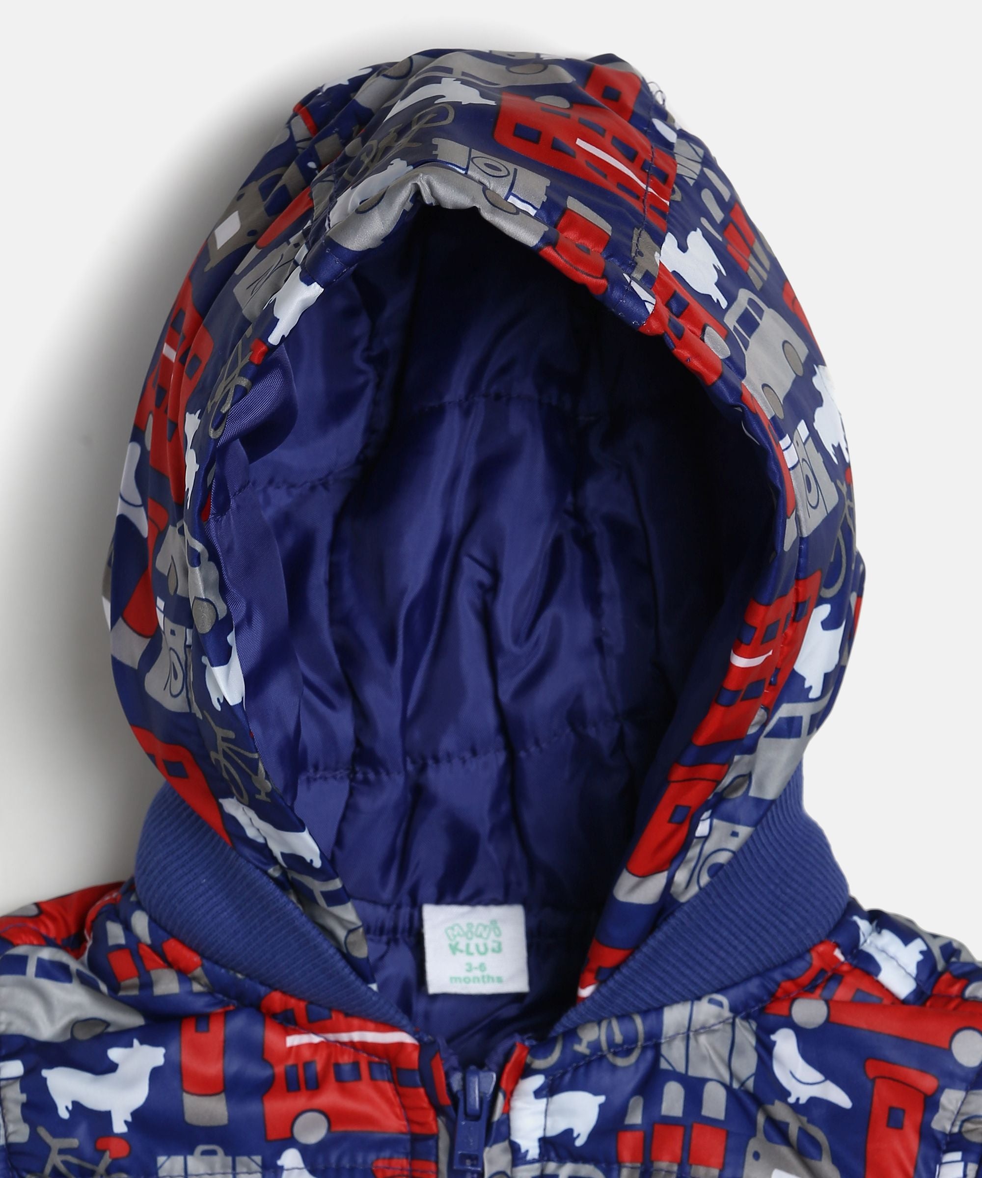 Baby Boys Blue Vehicle Print Hooded Puffer Jacket Regular Fit Winter Wear Jacket