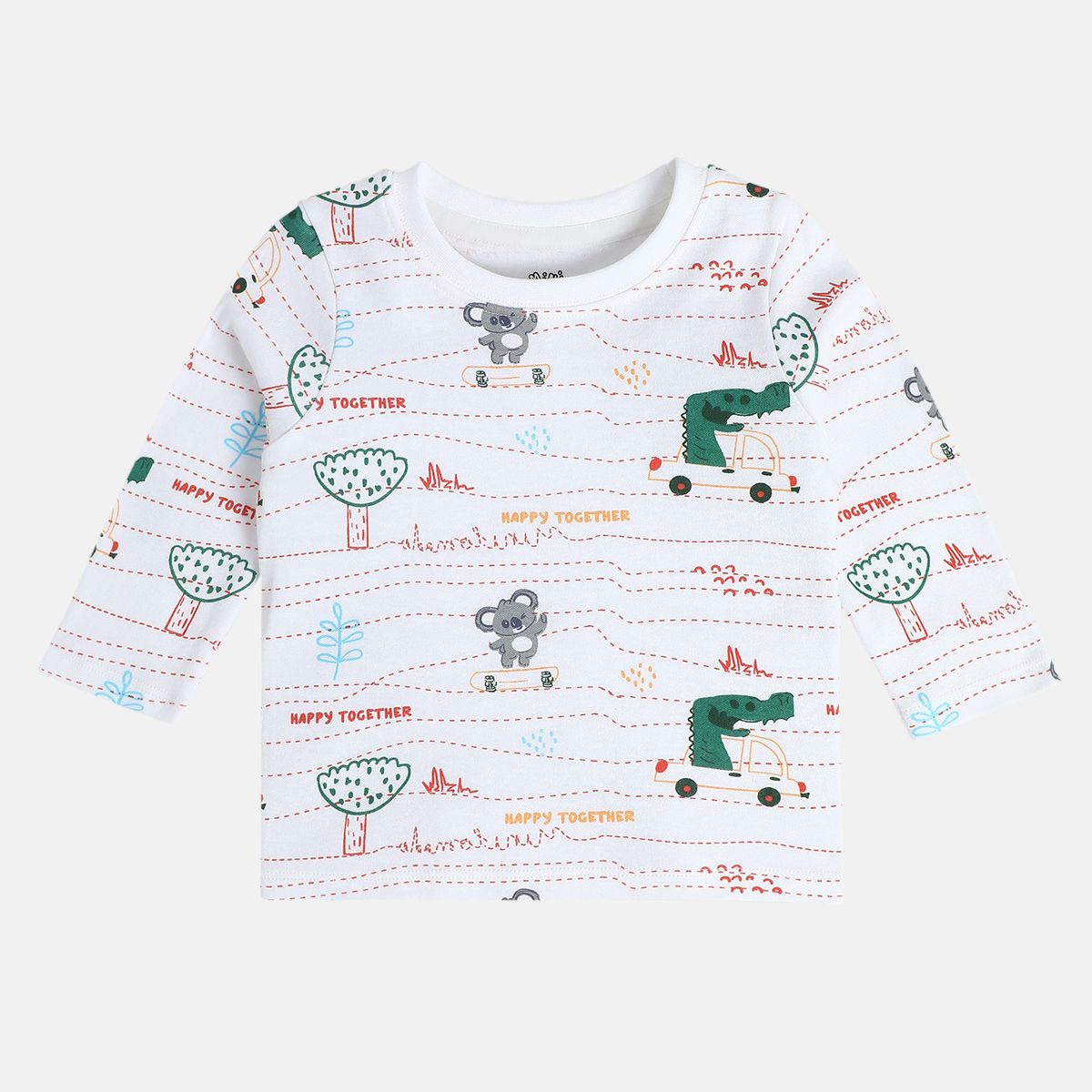Boys White/Brown Round Neck Full Sleeves T-Shirt