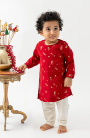 Tiber Taber Baby Boys Red and Cream Cotton Foil Printed Kurta and Pant Set Regular Fit Festive Wear