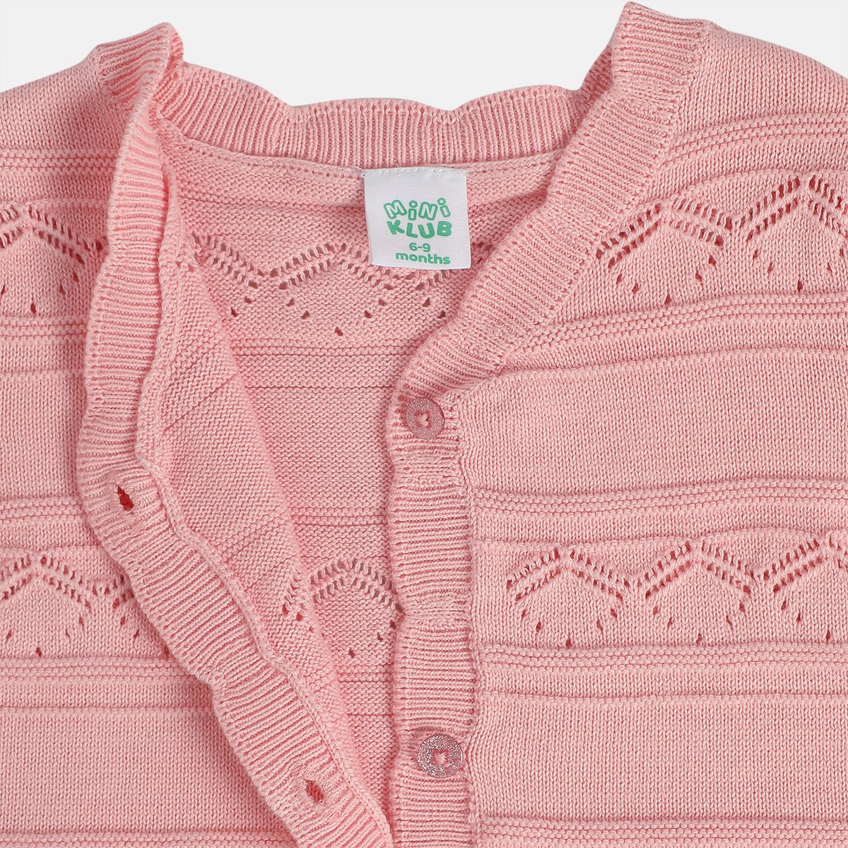 Girls Cotton Full Sleeves Schiffli Design Sweater - Peach