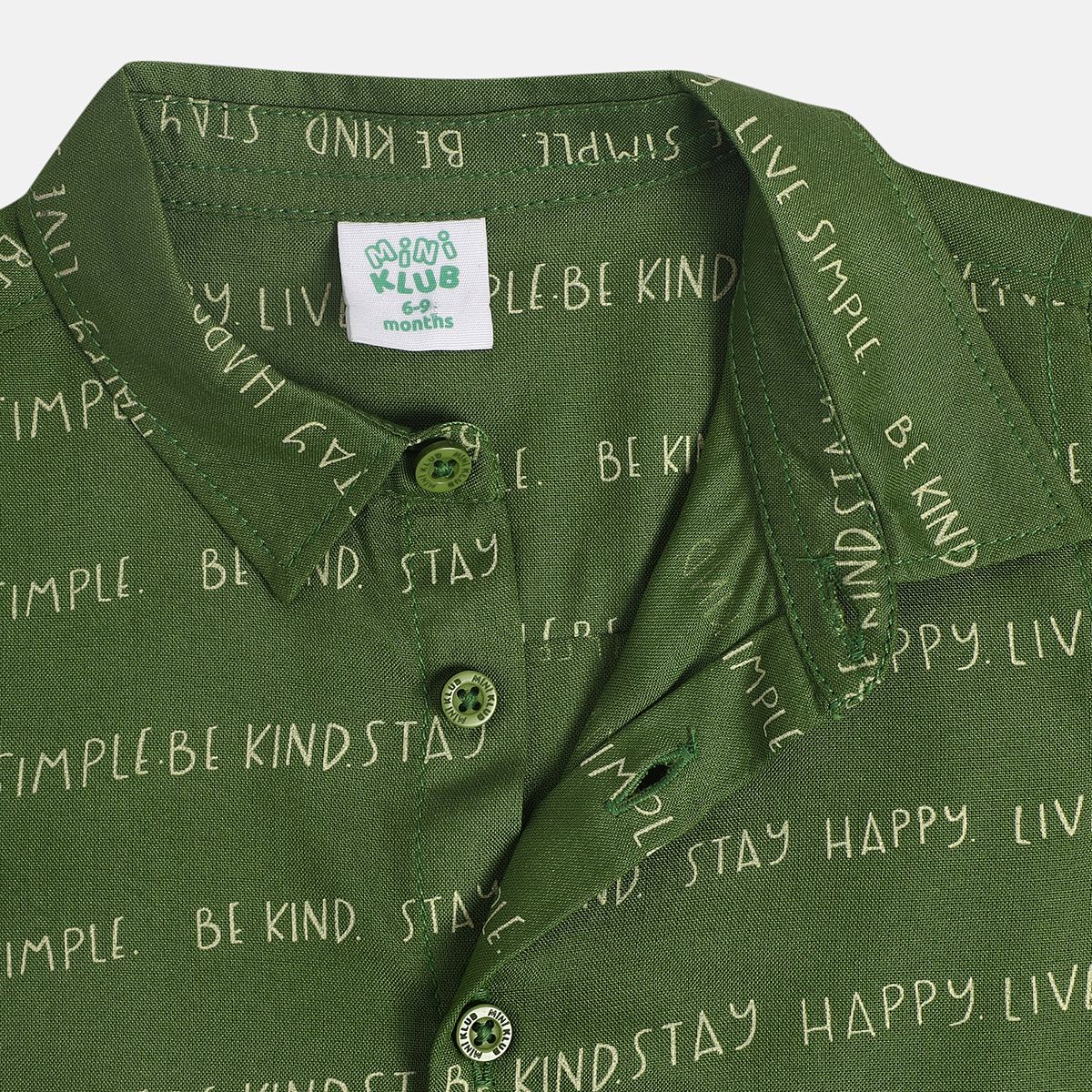 Boys Cotton Full Sleeves Typography Printed Shirt - Green