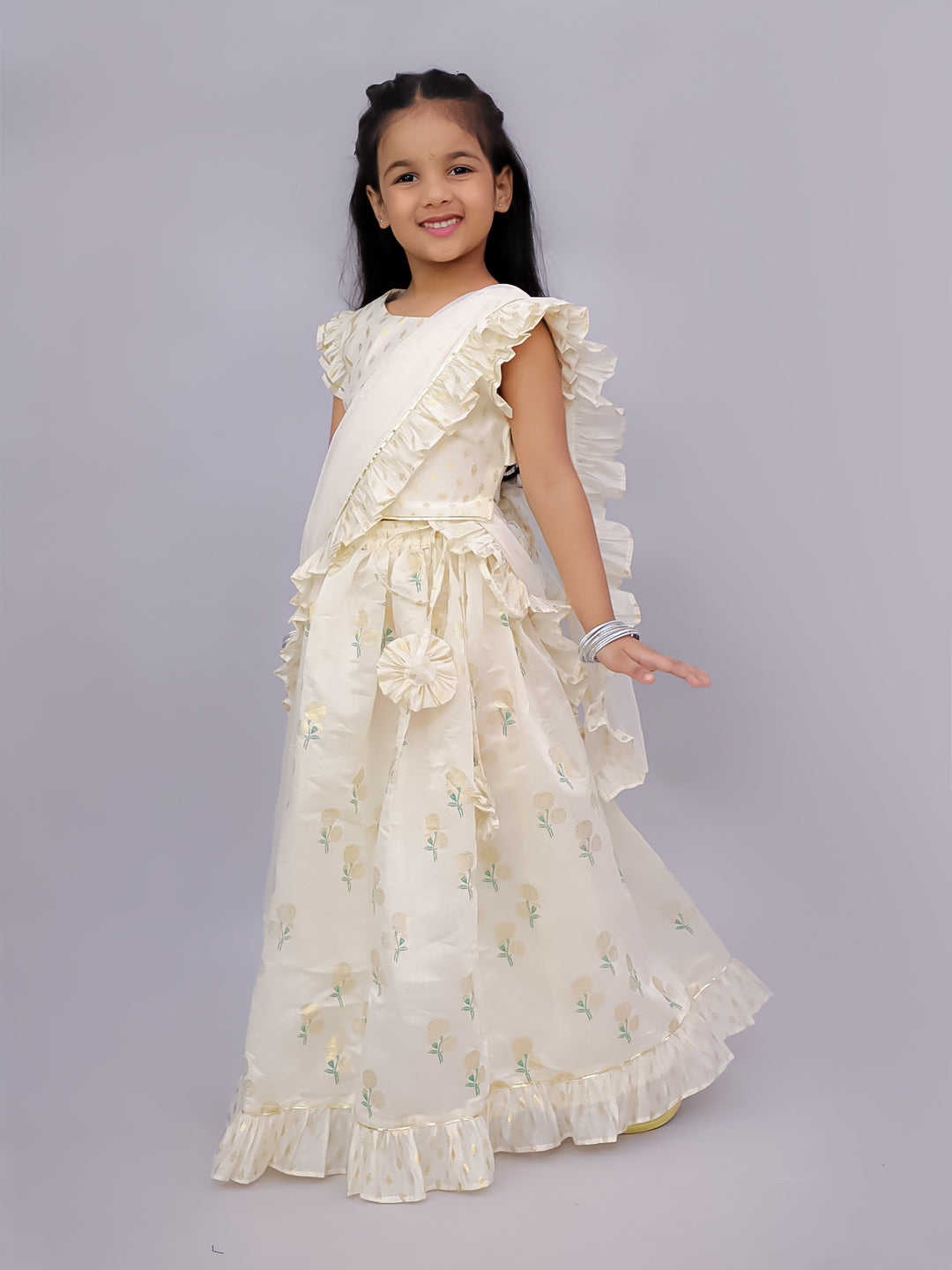 Lil Drama Girls Floral Print Crop Top With Flared Skirt And Dupatta Set, Off White